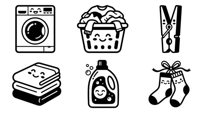 Laundry set with smiling face of washing machine, basket, clothes pin, towels, detergent and socks