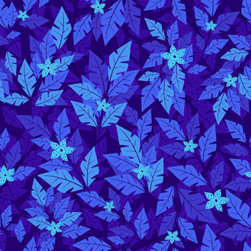 Blue flowers and leaves. Vector seamless pattern.
