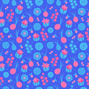 Blue berries and leaves. Vector seamless pattern.