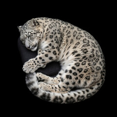 Obraz premium Sleeping snow leopard curled up on black background. Rare endangered big cat with thick spotted fur. Wildlife conservation and Endangered Species Day concept