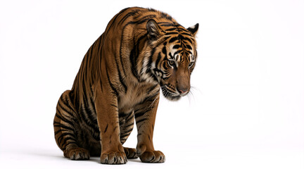 Obraz premium Tiger sitting on white background looking down. Endangered species with orange and black stripes. Wildlife conservation concept for Endangered Species Day