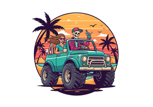 Retro Vector Illustration of a Skeleton and Woman Driving a Vintage 4x4 Truck on a Tropical Beach at Sunset