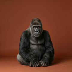 Naklejka premium Studio portrait of a silverback gorilla sitting on a brown background. Powerful male primate looking at camera. Endangered Species Day awareness concept. Wildlife conservation theme