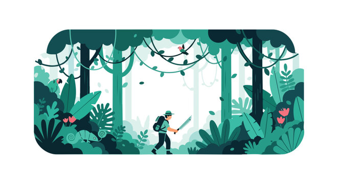 Explorer trekking through a lush tropical jungle with a machete