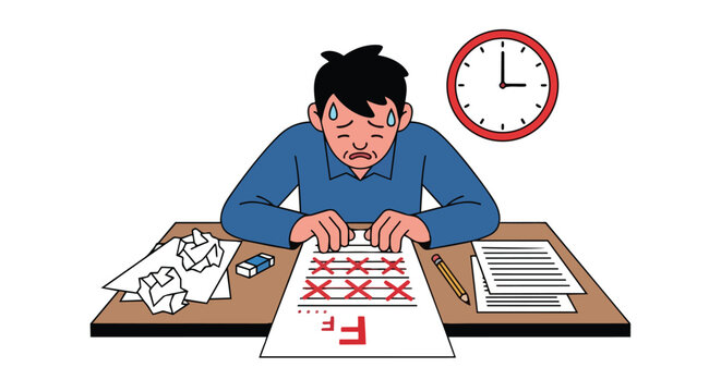Stressed Student Failing Exam with F Grade on Paper