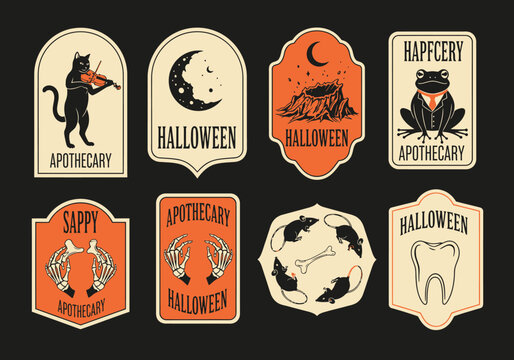 Vintage Halloween Apothecary Label Collection with Spooky Illustrations of Black Cat, Moon, Frog, and Skeleton Hands for Gothic Decor and Crafting
