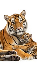 Obraz premium Adult Tiger Lying Down with Young Cub Resting on Her Back