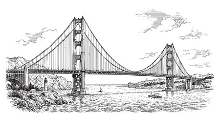 Fototapeta premium Golden Gate Bridge in San Francisco with a lighthouse and boats on the ink engraving png