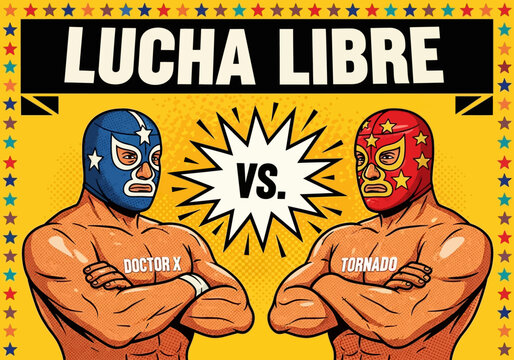 Vintage Lucha Libre Poster Featuring Two Masked Mexican Wrestlers Doctor X versus Tornado in a Pop Art Comic Style Illustration