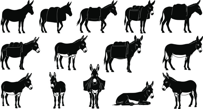 Black donkey silhouette collection featuring various poses, pack animal illustrations with saddles and burdens, standing and sitting mule set on white background