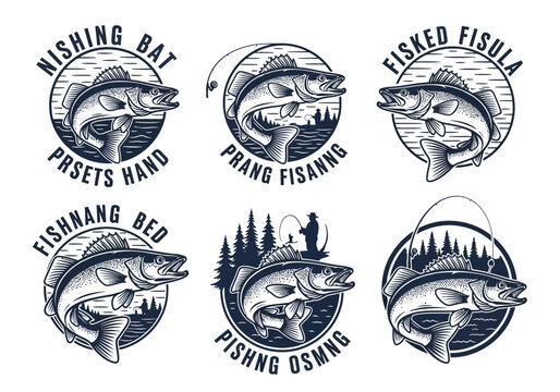 Set of Vintage Fishing Badges and Logos Featuring Walleye Fish, Fishermen, and Wilderness Landscapes; Retro Woodcut Style Emblems for Outdoor Apparel and Sporting Brand Design