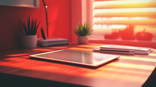 Modern workspace with a tablet on a wooden desk at sunset