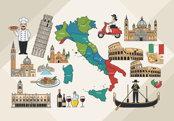 Italy Travel and Culture Icons: Map with Famous Landmarks, Colosseum, Leaning Tower of Pisa, Venice Gondola, and Traditional Italian Food Illustration © Graphicnoell
