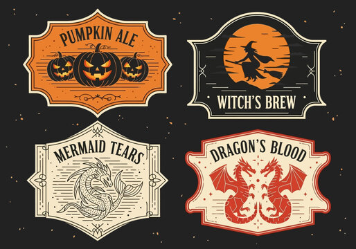 Vintage Halloween Apothecary Potion Labels Vector Set - Pumpkin Ale, Witch's Brew, Mermaid Tears, and Dragon's Blood Illustration for Spooky Decorations and Branding