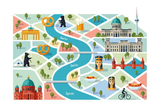 Berlin City Map Illustration with Famous Landmarks, River Spree, and Cultural Icons