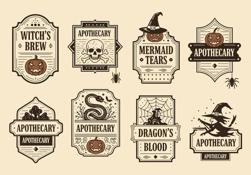 Vintage Halloween Apothecary Labels Set - Spooky Potion Bottle Tags with Witch's Brew, Mermaid Tears, Dragon's Blood, Skull, and Pumpkin Designs for Crafting and Decor