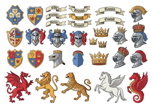 Medieval Heraldry Design Elements Set with Knights Helmets, Shields, Royal Crowns, and Mythical Creatures for Custom Coat of Arms and Emblems