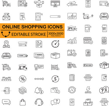 Online Shopping Icons Set - E-commerce Line Icons Collection Editable Stroke Vector 3000x3000