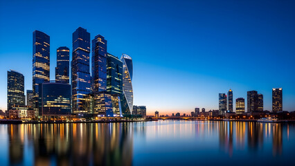 Obraz premium Modern city skyline reflecting in calm river water during blue hour twilight