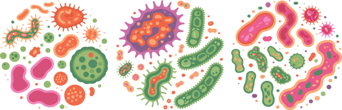 Cartoon bacteria and germs in circular frame, human disease cells, microorganisms, virus and infection biology vector illustration set