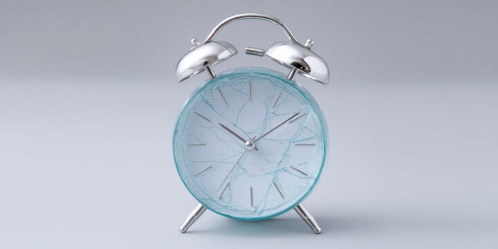 triangular alarm clock made of glass with its face cracked, on a light grey background