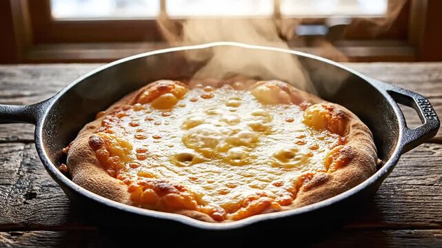 Hot pizza in cast iron pan.