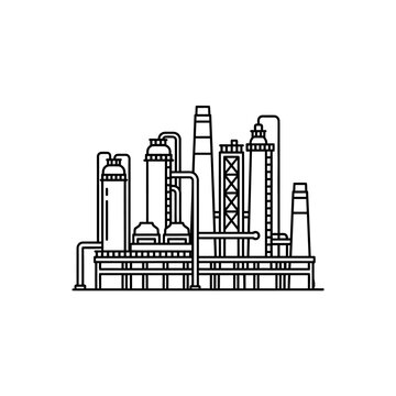 Industrial factory with smokestacks and pipes.