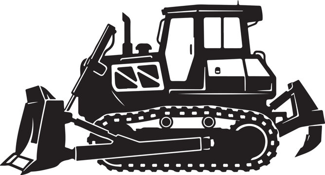 Bulldozer, heavy equipment, construction vehicle, industrial machine, black and white vector
