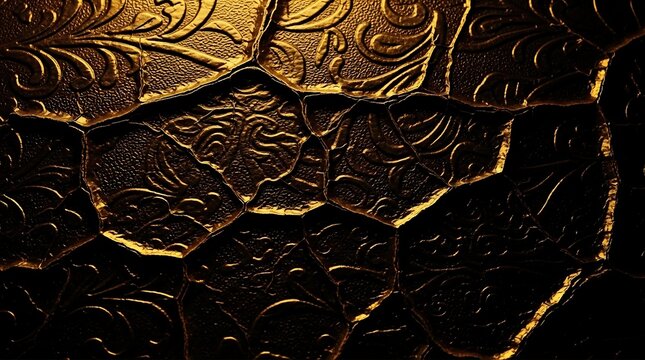 A dark golden, richly embossed surface intricately fractured into unique shapes, revealing ornate traditional patterns and dramatic shadows under soft illumination.