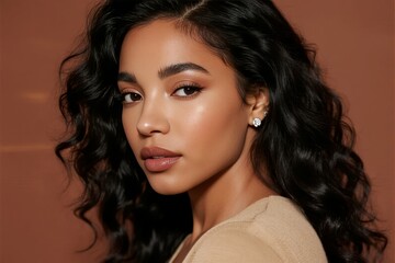 Naklejka premium Portrait of a woman with dark curly hair, wearing subtle makeup and a stud earring, set against a warm-toned background.