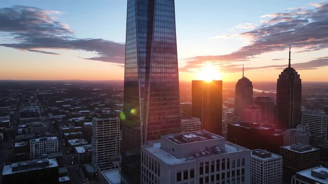 Aerial view of a cityscape at sunset with a tall glass skyscraper and other buildings in the foreground against a vibrant sky with clouds.