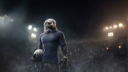 a American eagle in textured soccer game field with neon fog - center, midfield