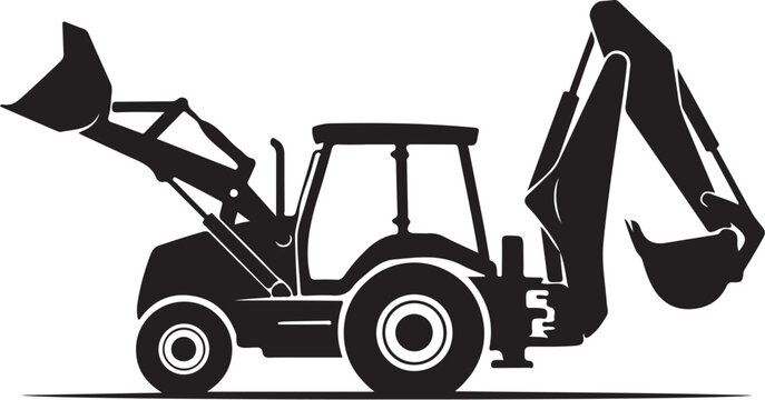 Black excavator, backhoe loader, construction vehicle, heavy equipment, silhouette icon