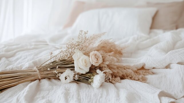 Dried flower bouquet on bed roses and pampas grass in elegant still life arrangement