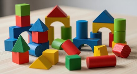Obraz premium colorful wooden building blocks scattered on a light surface