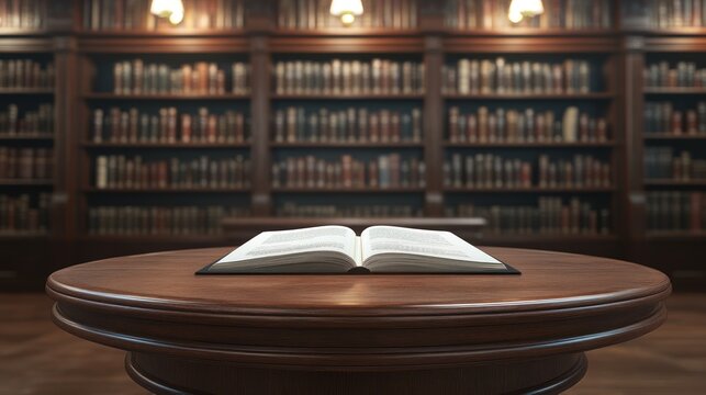 Open book on wooden table in a library full of bookshelves for education and study