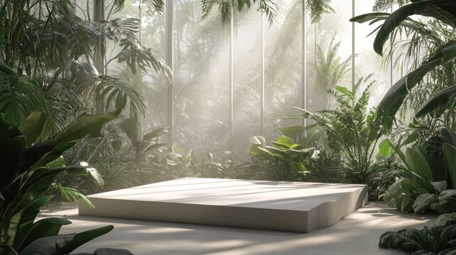 Minimalist platform amidst lush greenery in a botanical indoor setting