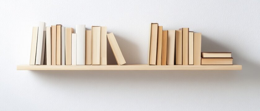 Classic books arranged on wooden shelf against white wall for reading and study
