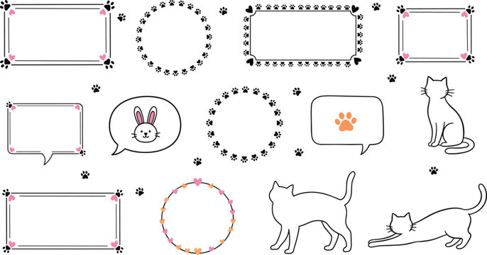 Cute vector illustration of decorative frames, speech bubbles, cats, bunny, paw prints, and heart motifs