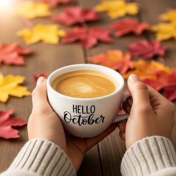 Autumnal Coffee Cup Held, Hello October, Fall Season, Cozy Warmth.