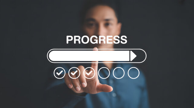 A persons hand engages with a glowing digital progress bar interface showing completed steps indicating advancement toward a goal on a dark background in a modern technolgy