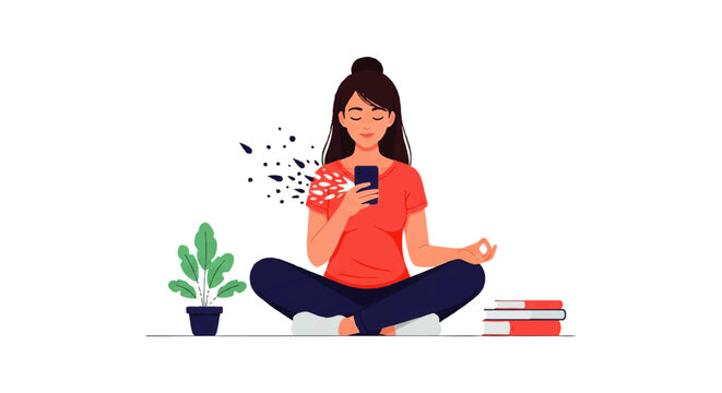 Vector flat design illustration of a woman meditating with a smartphone, symbolizing digital detox and mindfulness