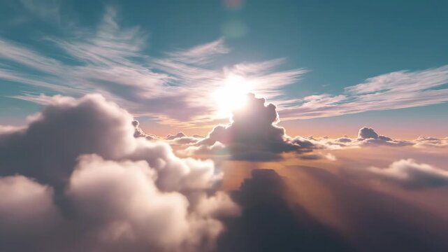 Golden sun breaking through fluffy clouds in a vast sky during a breathtaking sunset, casting warm rays