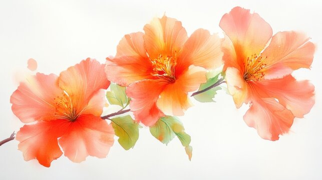 adorable watercolor flowering maple blossoms, soft orange, white background