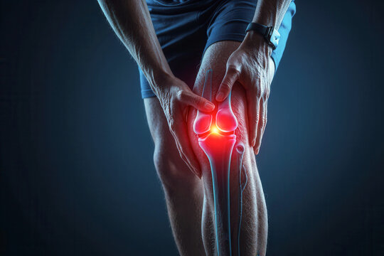 Knee pain x-ray image, person holding his knee on pain injury leg joint tendon with blue background