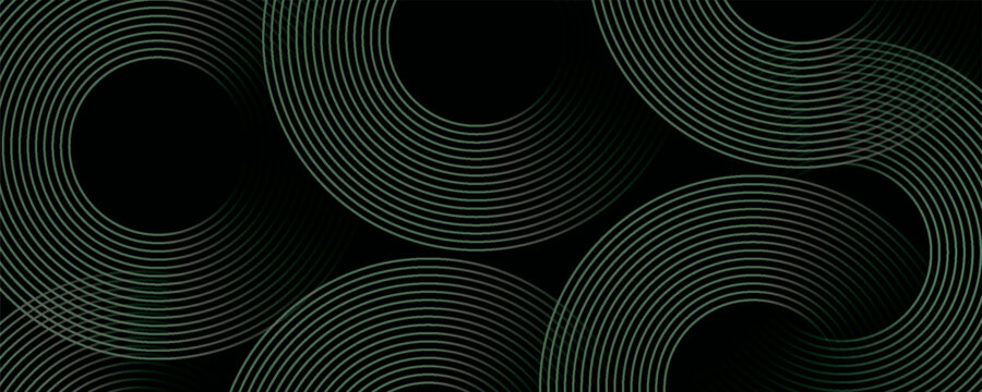 Abstract glowing circle lines on balck background. Geometric stripe line art design. Modern shiny green lines. Futuristic technology concept.