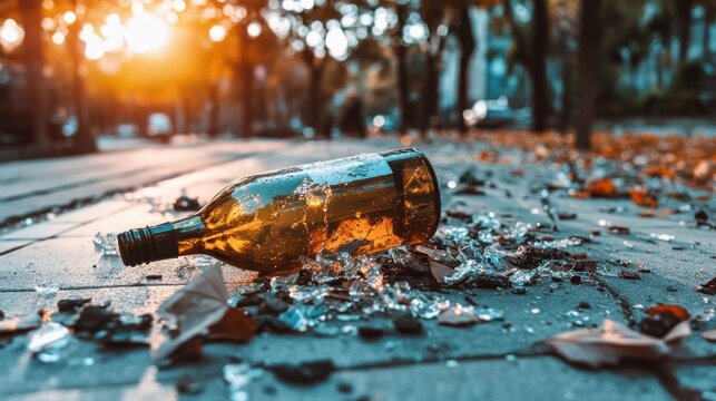 Discarded glass bottle surrounded by shattered glass on urban ground with sun flare