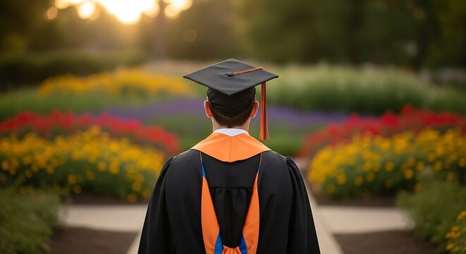 Graduate in academic gown and cap facing colorful flower garden with soft sunset light symbolizing achievement growth and transition to new chapter