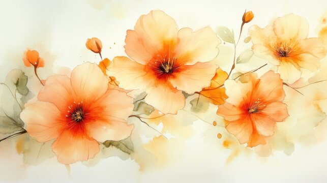 adorable watercolor flowering maple blossoms, soft orange, white background