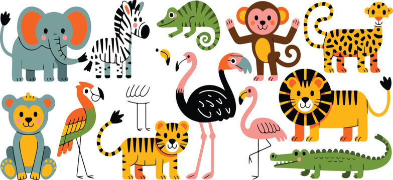 Cute jungle animals flat vector set in simple children style with elephant giraffe tiger lion monkey birds isolated illustration